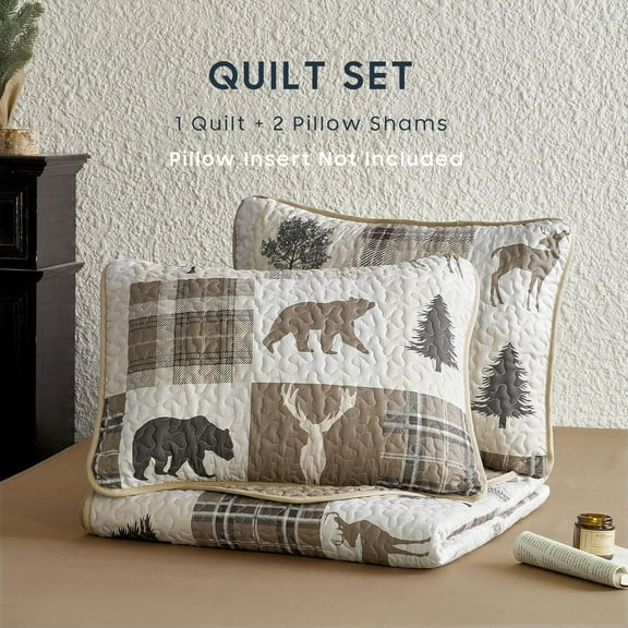 Rustic Quilt Set -  Size, Tan Brown, Reversible Lightweight Bedspread Coverlet with Woodland Animal Patchwork Pattern