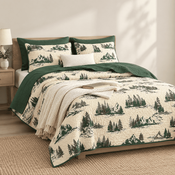 - Rustic Quilt Set Cabin Forest Woodland Camping Theme With Lodge Mountain Print Reversible Lightweight Bedspread Coverlet 3 Piec