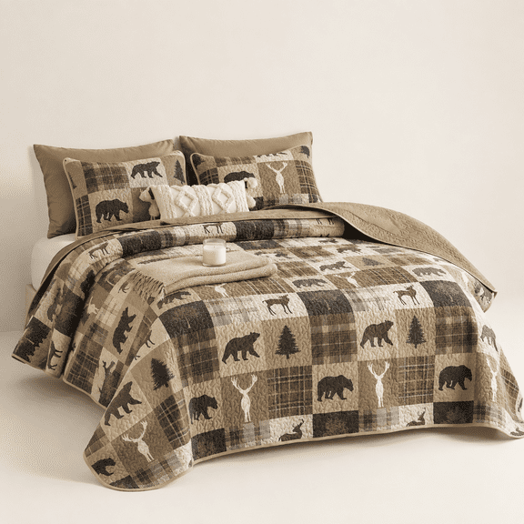 - Rustic Quilt Set Cabin Lodgemas Bear Moose Deer Western Patchwork Country Reversible Lightweight Bedspread Coverlet 3 Pieces Br