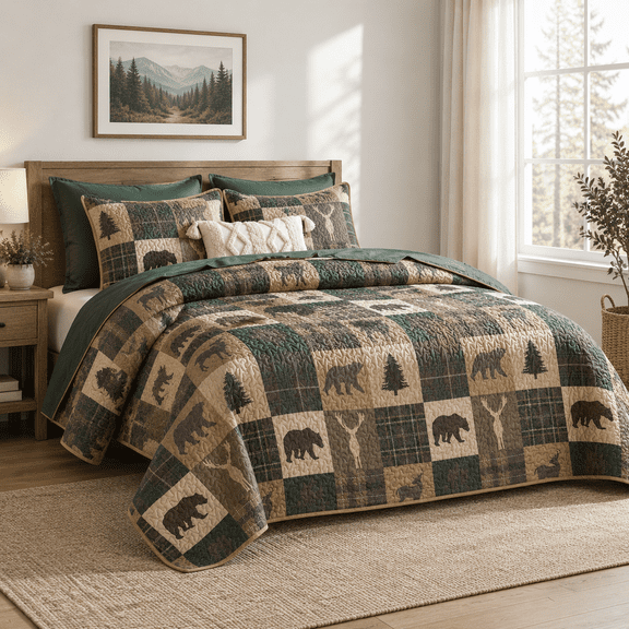 - Rustic Quilt Set Cabin Lodgemas Bear Moose Deer Western Patchwork Country Reversible Lightweight Bedspread Coverlet 3 Pieces Gr