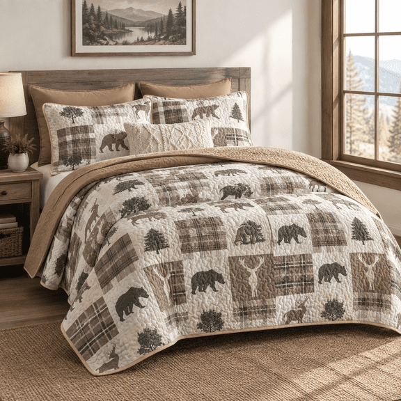 - Rustic Quilt Set Cabin Lodgemas Bear Moose Deer Western Patchwork Country Reversible Lightweight Bedspread Coverlet 3 Pieces Ta
