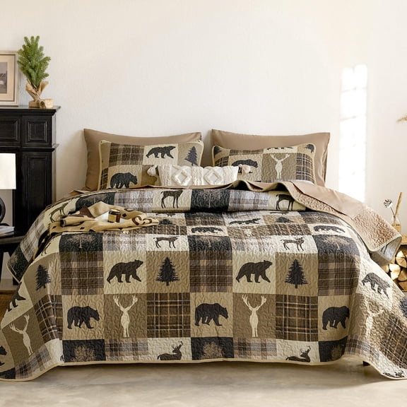 - Rustic Quilt Set Cabin Lodgemas Bear Moose Deerlife Western Patchwork Country Reversible Lightweight Bedspread Coverlet 3 Pieces Brown Queen/full Size
