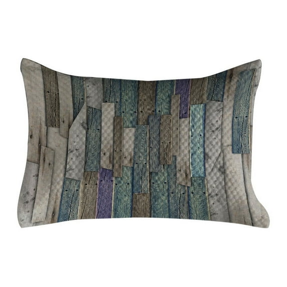 Rustic Quilted Pillowcover, Blue Grey Grunge Wood Planks Barn House Door Nails Country Life Theme Art, Standard King Size Accent Pillow Cover for Bedroom, 36" x 20", Umber Pale Teal Plum, by Ambesonne