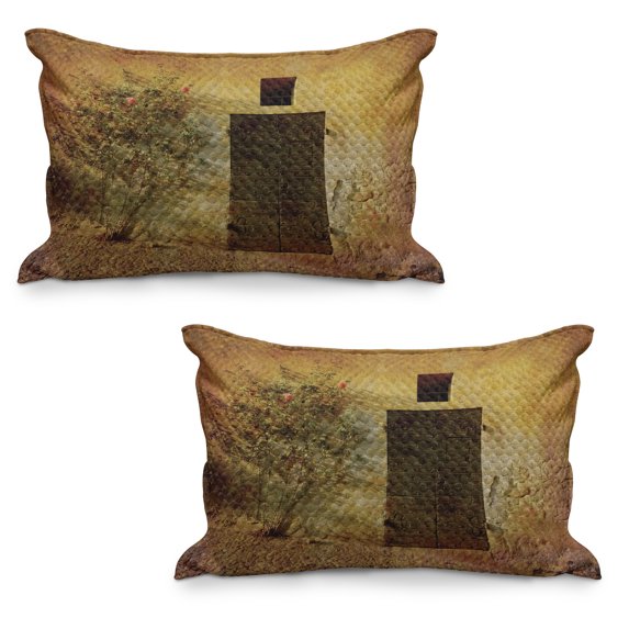 Rustic Quilted Pillowcover Set of 2, Historical Italian Door of Stone House Mediterranean Picturesque Heritage, Standard Queen Size Pillow Cover for Bedroom, 30" x 20", Amber Brown, by Ambesonne