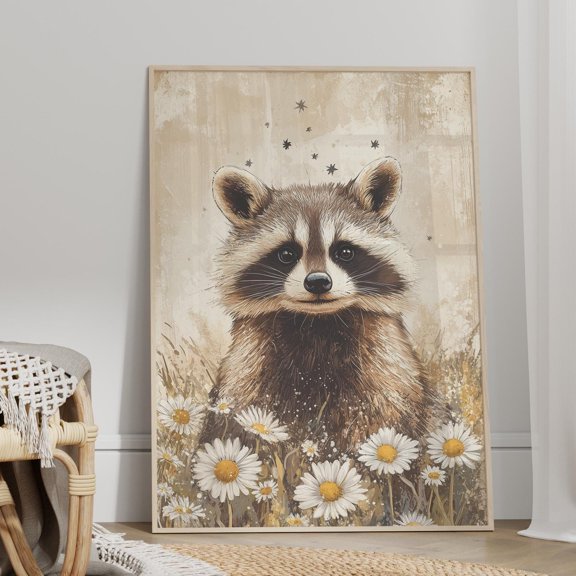 Rustic Racoon In Daisy Flower Field Vintage Poster Floral Botanical Art Cottagecore Decor Earth Tone Wall Art , Poster Only