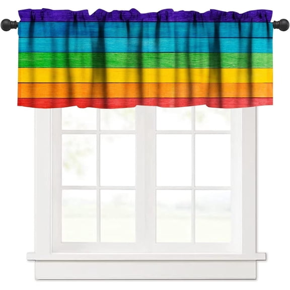 Rustic Rainbow Wooden Valance Curtain Colorful Farmhouse Multicolor Wood Country Rod Pocket Valance Window Treatments 1 Panel Short Curtains for Kitchen Living Room Decor 54x18 in