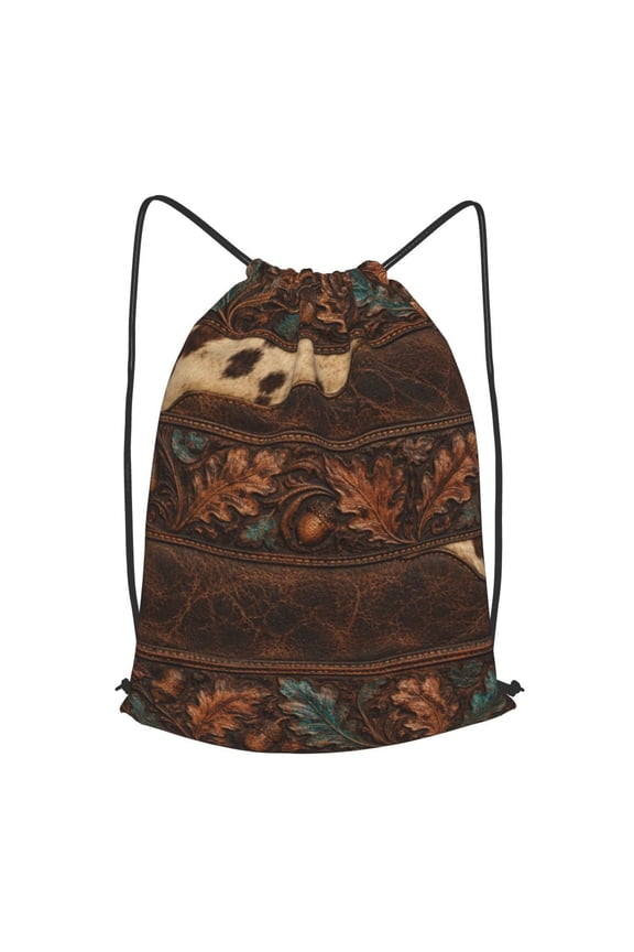 Rustic Ranch Leather Texture Drawstring Backpack Gym String Bag Sports Sackpack Cinch Sack, M