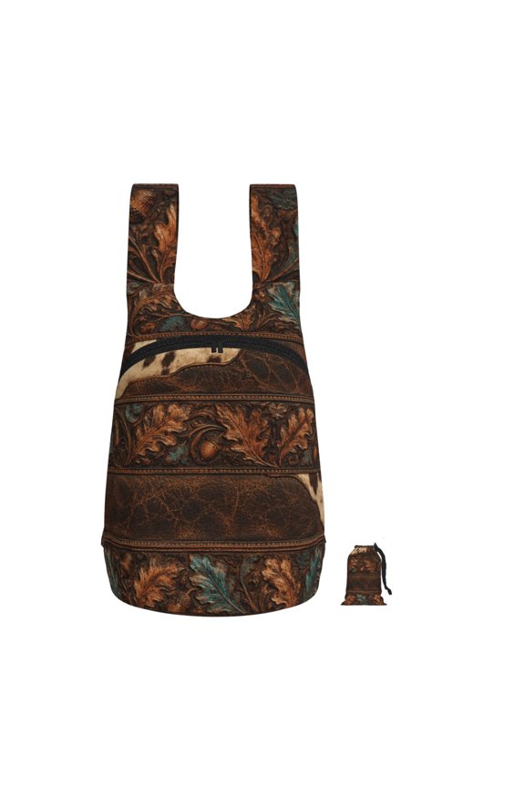 Rustic Ranch Leather Texture Foldable Storage Backpack Lightweight Packable Travel Daypack for Shopping Commuting Hiking