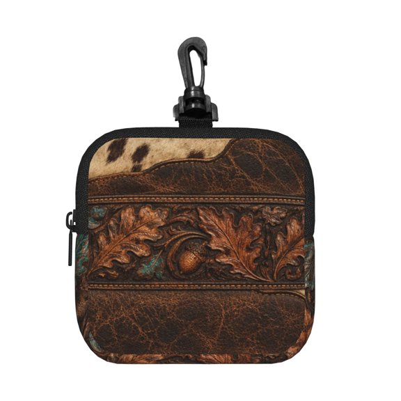 Rustic Ranch Leather Texture Square Gear Pouch with Lobster Clasp Waterproof Tech Accessory Organizer, Key & Coin Case