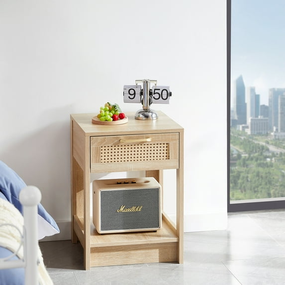 Rustic Rattan Bedside Nightstand, Modern Wooden End Table with 1 Drawer and Open Bottom Shelf, Square Storage Side Table for Living Room, Bedroom, Natural
