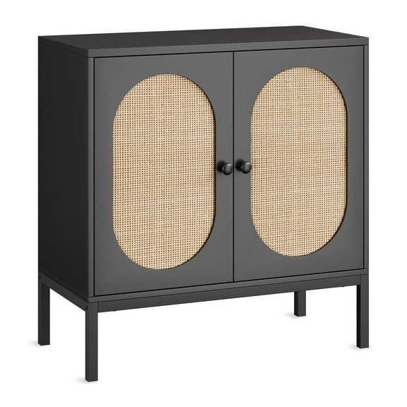 Rustic Rattan Buffet Cabinet - Fluted Glass Doors & Adjustable Shelves