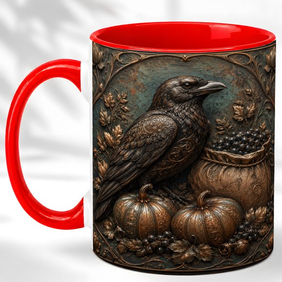 Rustic Raven Coffee Mug, Gothic Harvest Mug, Ceramic 11 oz