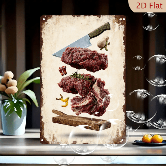 Rustic Raw Meat and Knife Wall Art 8x12 Inches, Vintage Parchment Background with Beef Steak, Rosemary, Garlic, and Chili Peppers on Wooden Board, Distressed Rusty Border Metal Tin Sign for Kitchen D