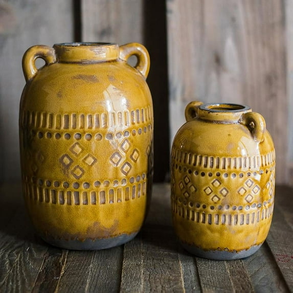 Rustic Reach 10.2” Handmade Yellow Brown Ceramic Vase
