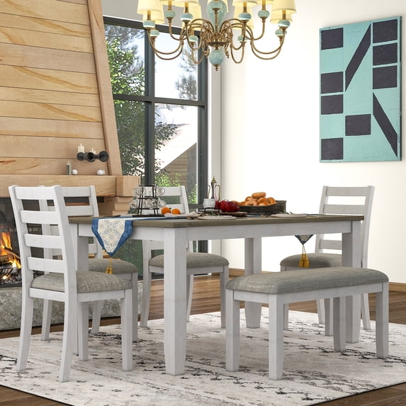 Rustic Rectangular Dining Table Bench and Chairs, 6-Piece Wooden Kitchen Dining Room Table Set with Fabric Padded Seat and Slatted Backrest, Standard Height (Brown and White Wash)