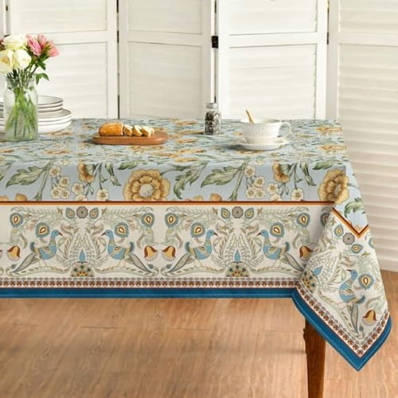Rustic Rectangular Tablecloth 60x120 Inch, Bird Floral Vintage Washable Seasonal Table Cover for Party Picnic Dinner Decor