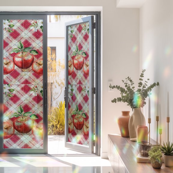 Rustic Red Apples Green Leaves Window Privacy Film, Rainbow Film Decorative Window Sticker 23.6x78.7in, Blossom Flower Plaid Check Sun Blocking Static Stained Glass Cling Tint Non-Adhesive