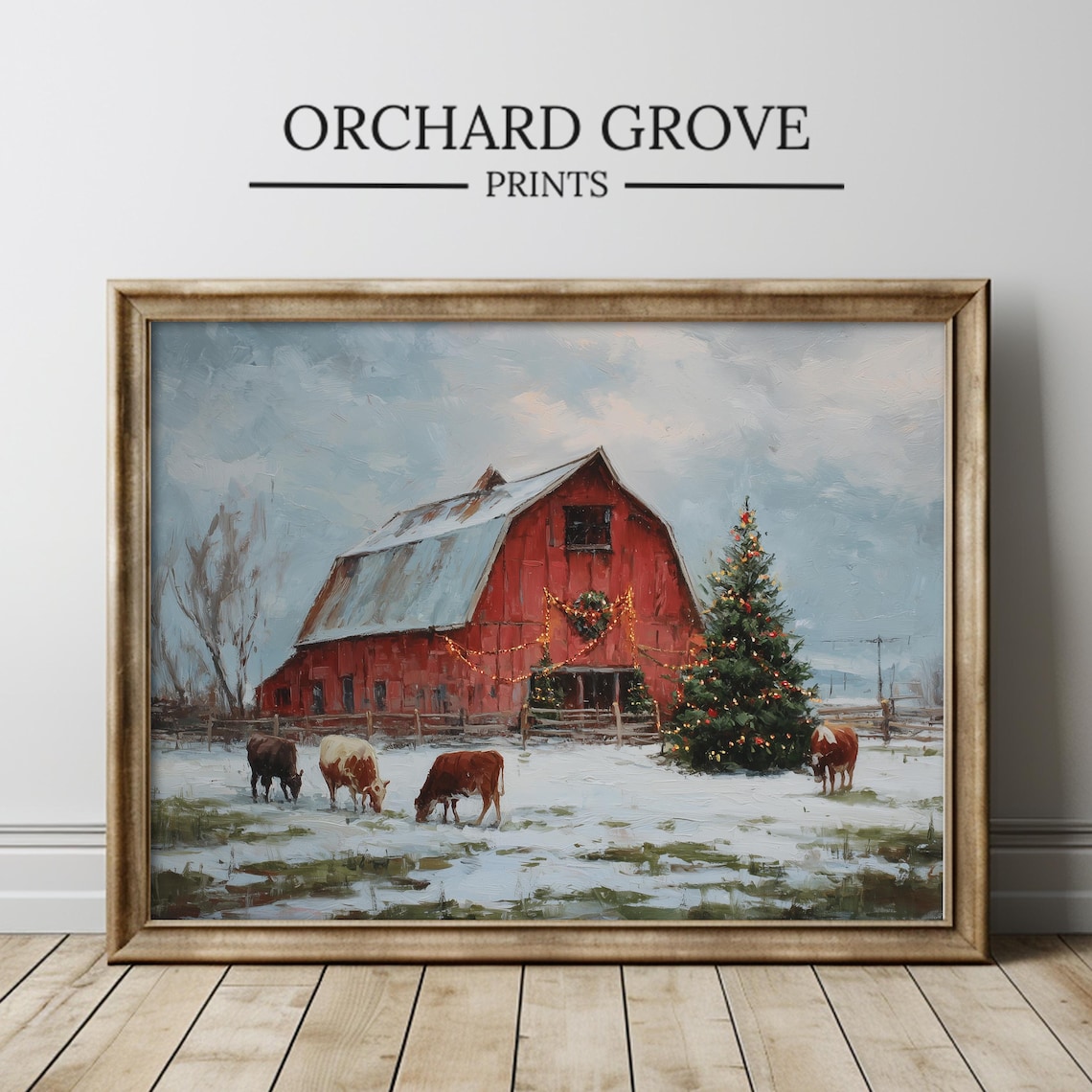 Rustic Red Barn Christmas Print, Farmhouse Winter Wall Art, Cow Barn ...