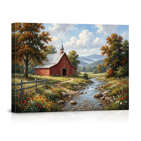 Rustic Red Barn Church Art Wall Art Mountain Landscape With Stream And Wildflowers Country Farmhouse Print Rural Scenery For, Unframed Paper Print