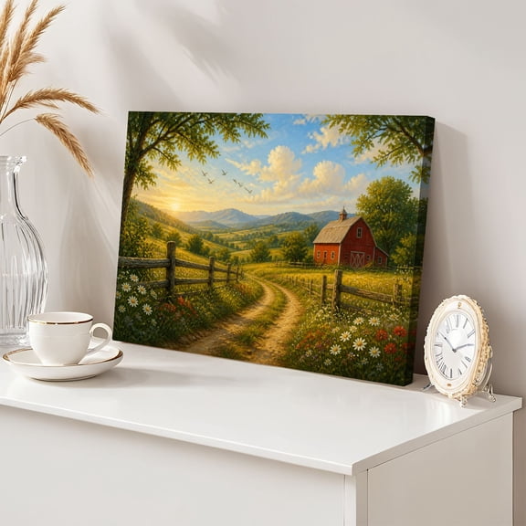 Rustic Red Barn Fall Farmhouse 12"x16" Wall Art Mountain Valley Wildflowers Golden Farm Canvas Wall Decor for Living Room Bedroom Modern Abstract Painting Prints Aesthetic Framed Artwork Home Decor