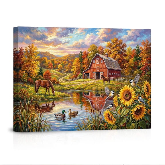 Rustic Red Barn Farm Sunflower Pond Country Landscape Style USA Made Canvas