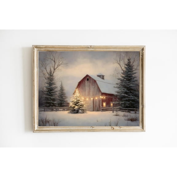 Rustic Red Barn Farmhouse Print Poster Snowy Landscape Tree with Lights |Wall Decor E1232, Unframed Canvas Size 8x12 F03.1.18l57