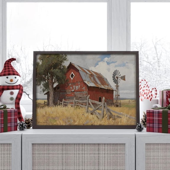 Rustic Red Barn Poster Vintage Windmill Wall Art Poster, UNFRAMED PAPER POSTER