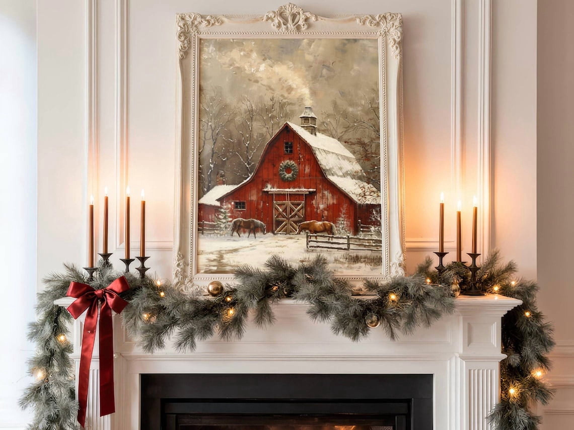 Rustic Red Barn Poster Wall Art Snowy Winter Farmhouse Scene Country ...