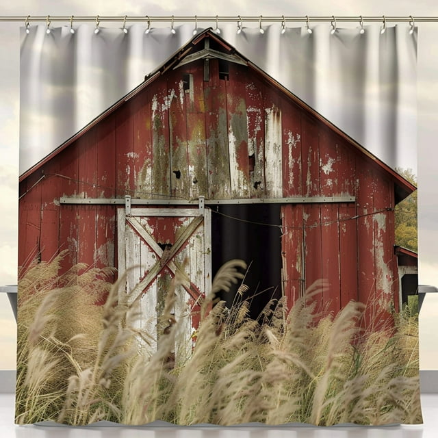 Rustic Red Barn Shower Curtain with Peeling Paint and Tall Grass Design