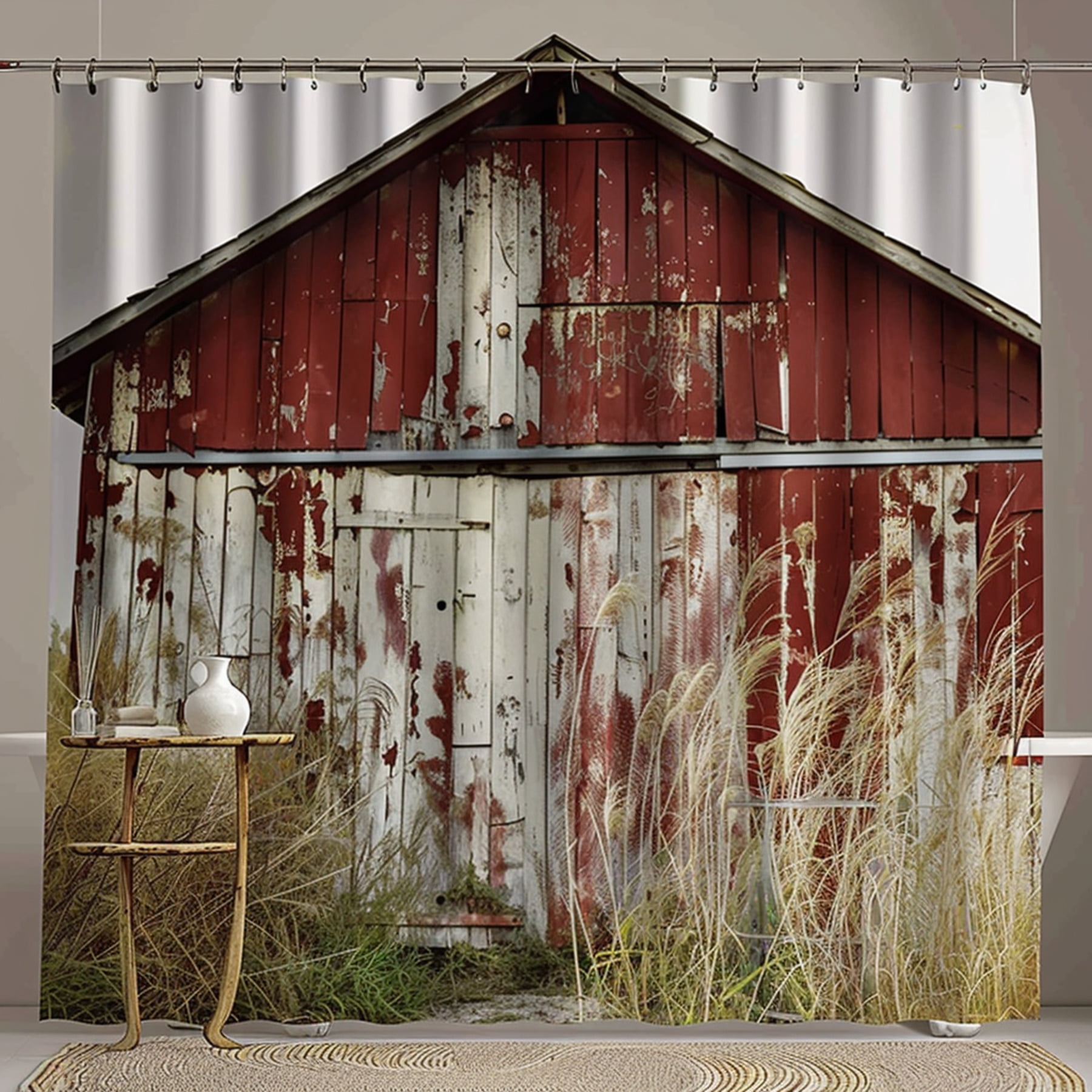 Rustic Red Barn Shower Curtain with Peeling Paint and Tall Grass