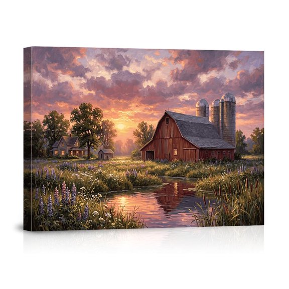 Rustic Red Barn Sun Wall Art Farmhouse Country Landscape Art Wildflower Meadow Rural Scenic Prints Living Room Decor