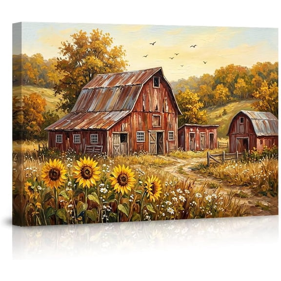 Rustic Red Barn Sunflower Wall Art Country Farmhouse Vintage Canvas Print