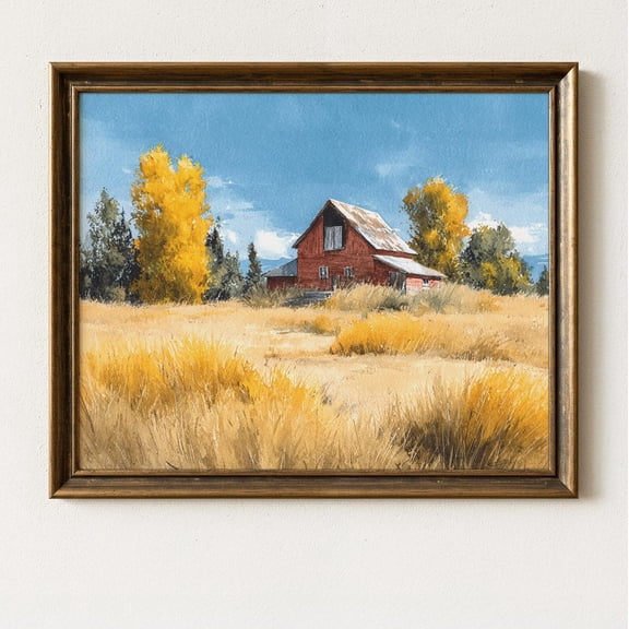 Rustic Red Barn Wall Art Print Poster Autumn Landscape, Vintage Farmhouse Decor, Country Cottage Scene, Harvest Field 379, Size 16x24 UNFFRAMED F03.1.6l3175