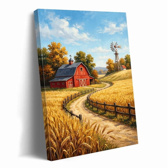 Rustic Red Barn Wall Art Windmill Art Farmhouse Decor Rural Landscape Golden Wheat Field Art For Home Living Room, Unframed Paper Print