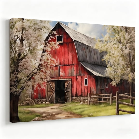 Rustic Red Barn and White Cherry Blossoms Canvas Wall Art Farmhouse Country Landscape Painting Spring Orchard Poster Living Room Decor Print Ready to Hang 16*24