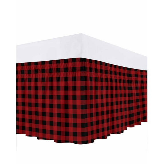 Rustic Red Bed Skirt and Black Buffalo Plaid Bed Skirts King Size 18 Inch Drop, Wrap Around Dust Ruffle Bedskirt with Adjustable Elastic Belt for Queen Size Beds