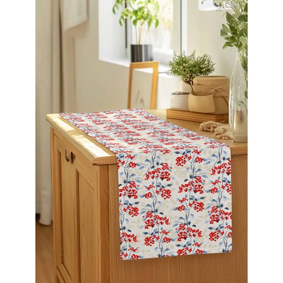 Rustic Red Berry Leaves on Beige Table Runner 13x90in Non-Slip Cotton Linen Table Runners, Watercolor Foliage Dresser Scarves TableRunner for Dinner Kitchen Dining Wedding Party
