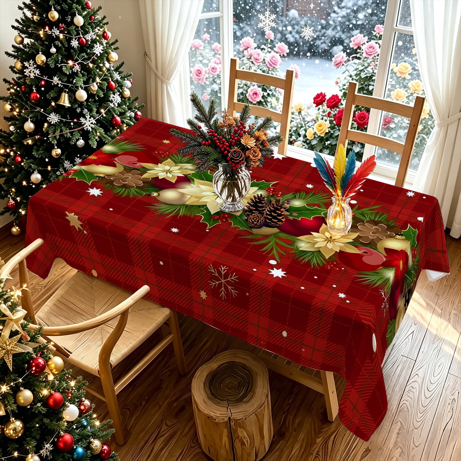 English Red Pattern Rustic Red Buffalo Plaid Snowflake Pattern Rectangular Tablecloth ...