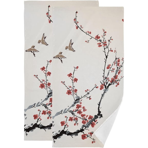 Rustic Red Cherry Blossom Hand Towels for Bathroom Set of 2 Microfiber Spring Japanese Plum Flower Asian Ink Kitchen Dish Towels Decorative Bathroom Towels for Bath Guest Shower 14"x28"