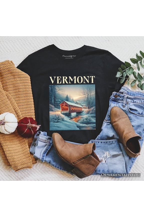 Rustic Red Covered Bridge Vermont State T-Shirt, New England Historical Tee and Travel Souvenir