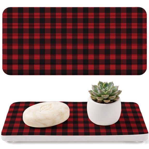 Rustic Red Diatomaceous Earth Coasters, and Black Buffalo Plaid Water Absorbent Diatomite Coaster, Bathroom Tray Stone Dish Drying Mat Kitchen Sink Tray 8.3x4in