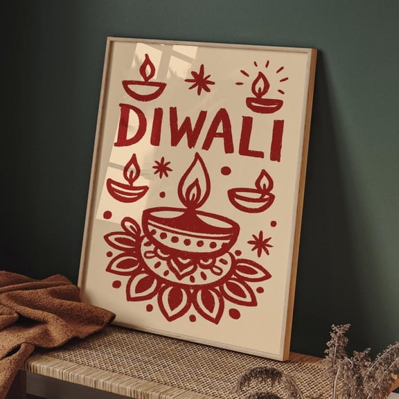 Rustic Red Diwali Lamp Indian Wall Art Boho Mandala Candle Design 2 Unframed Paper Print