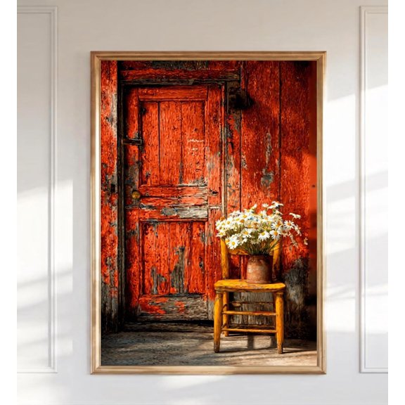 Rustic Red Door Daisy Vintage Cottage Farmhouse Artwork