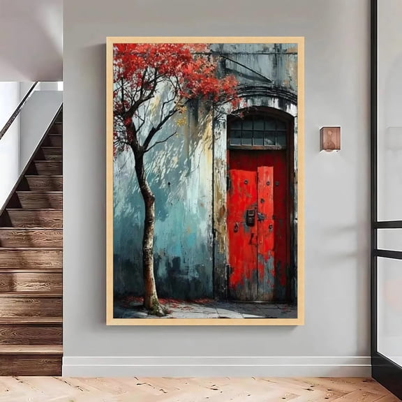 Rustic Red Door Wall Art Autumn Tree with Red Leaves Vintage Architectural - Wall Art