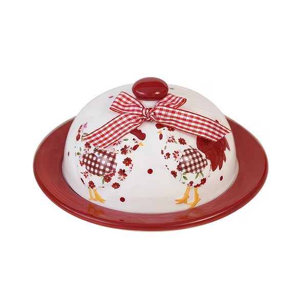 Rustic Red Floral Chicken Ceramic Butter Dish Farmhouse Dessert Plate for Easter Spring Kitchen Decor