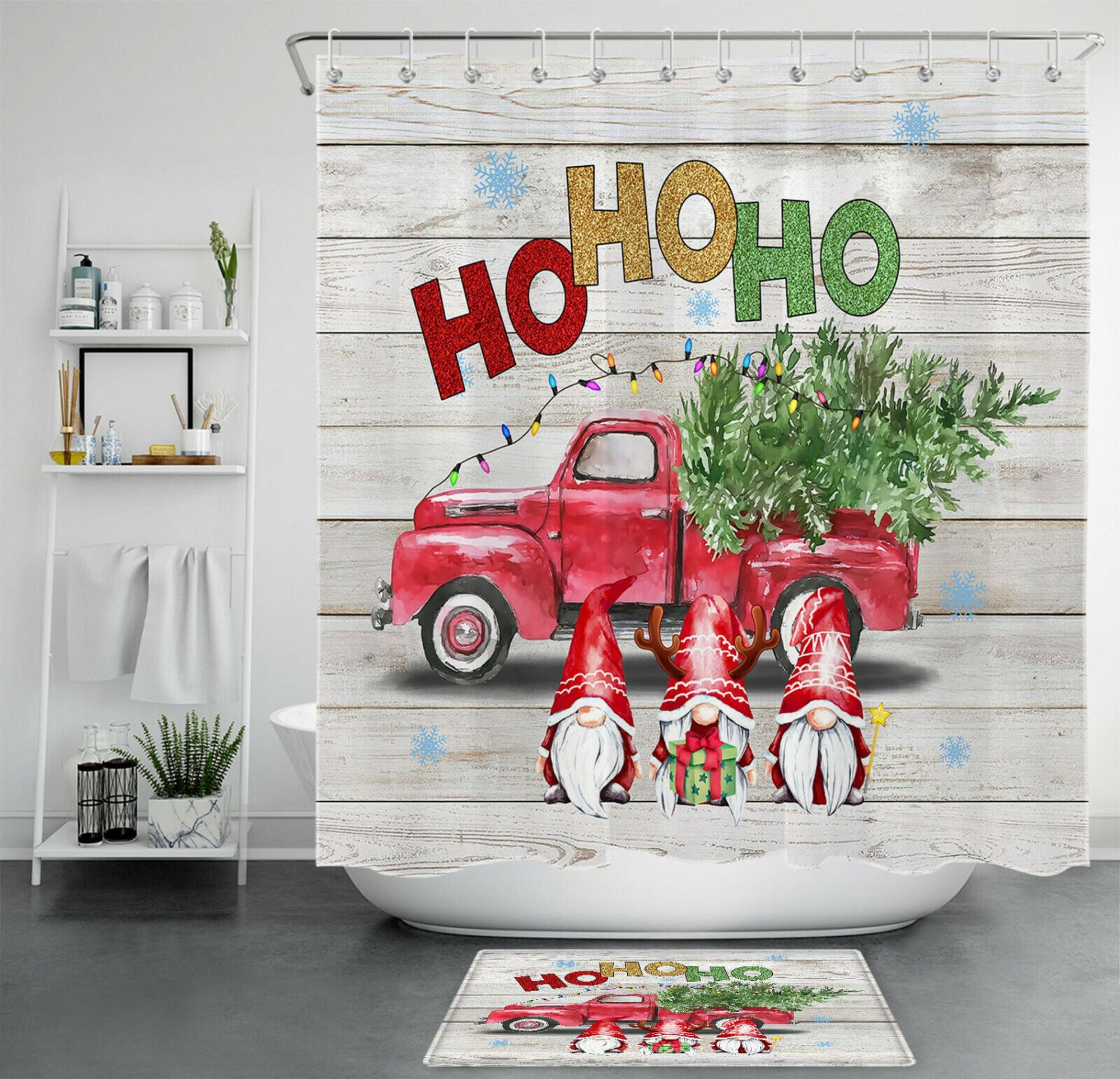 Rustic Red Gnome Christmas Truck Shower Curtain for Whimsical Bathroom