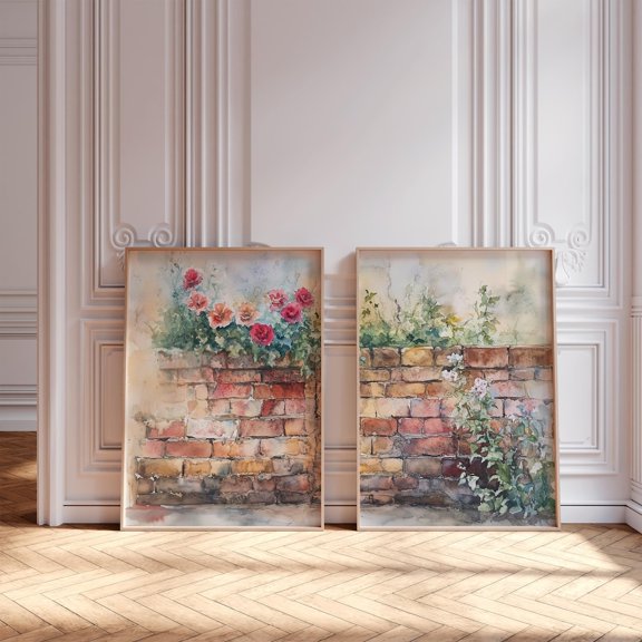 Rustic Red Roses Wall Art Muted Floral Urban Brick Italian Style Decor Set 2 Stretched Canvas 16x24
