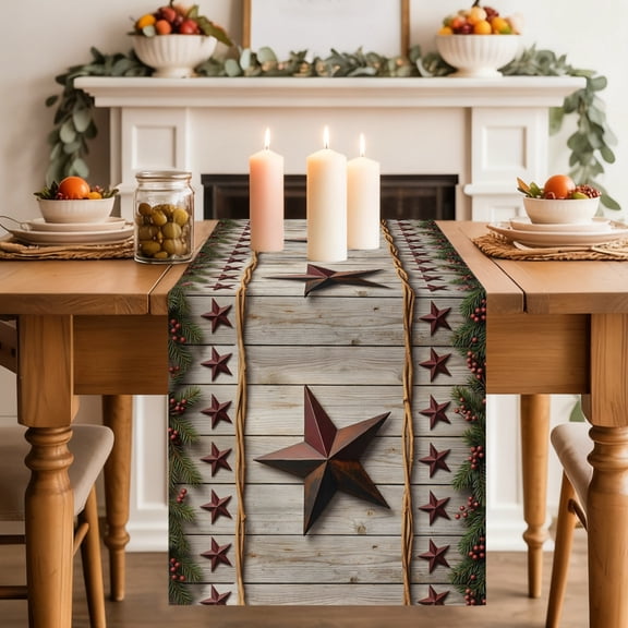 Rustic Red Star Dining Table Runner, Farmhouse Barn Vintage Wood Striped Country Washable Table Runners Kitchen Coffee Table Center Decor for Home Party Holiday Wedding 13 x 60 Inches