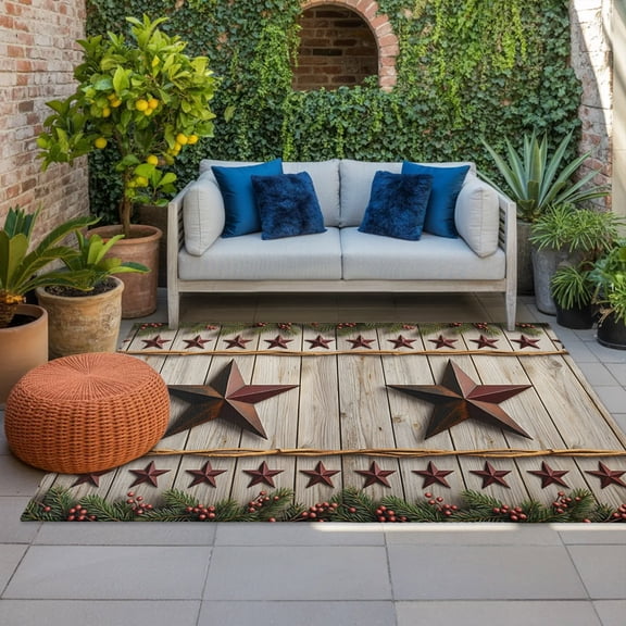 Rustic Red Star Indoor Outdoor Rugs 4x6 Ft, Farmhouse Barn Vintage Wood Striped Country Outdoor Patio Rugs Mat Washable Outside Area Rugs Carpet for Porch Deck RV Camping Pool Balcony Backyard