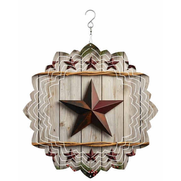 Rustic Red Star Wind Spinner for Garden Yard 8In, Farmhouse Barn Vintage Wood Striped Country 3D Stainless Steel Kinetic Hanging Wind Spinners Rustproof Outdoor Decor for Lawn Patio Home